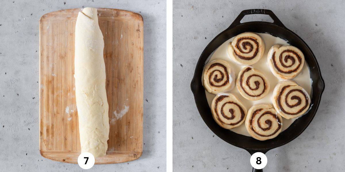 the cinnamon rolls in a long roll before being cut and the cut cinnamon rolls in a cast iron pan with heavy cream around them.