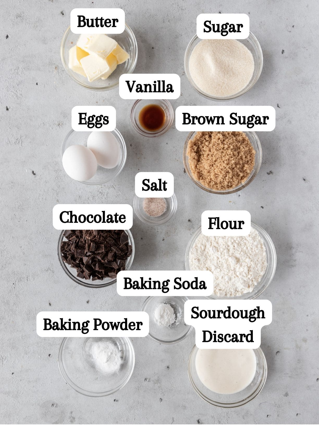 all of the ingredients laid out and labeled on a grey background.