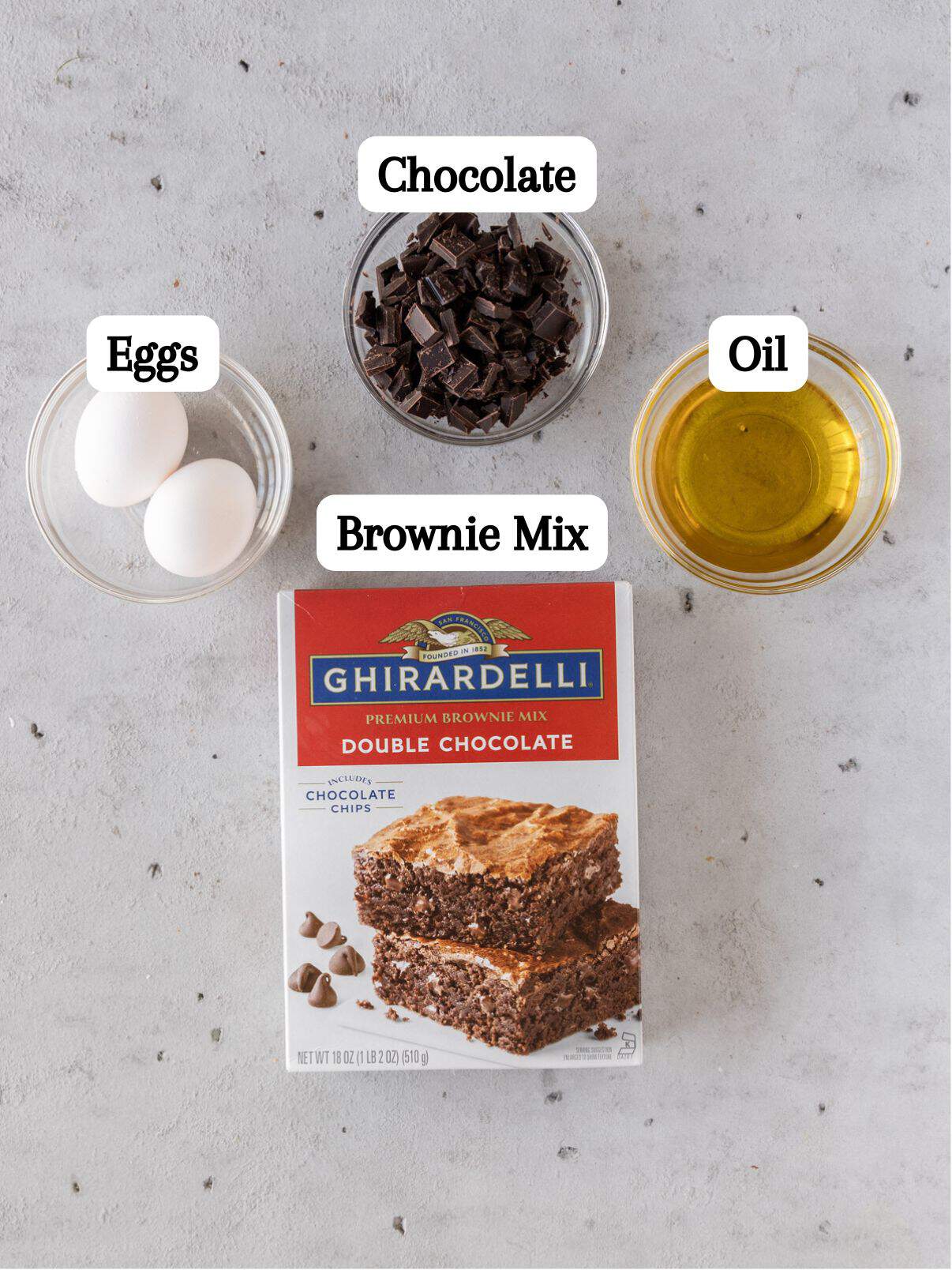 all of the ingredients laid out and labeled on a grey background.