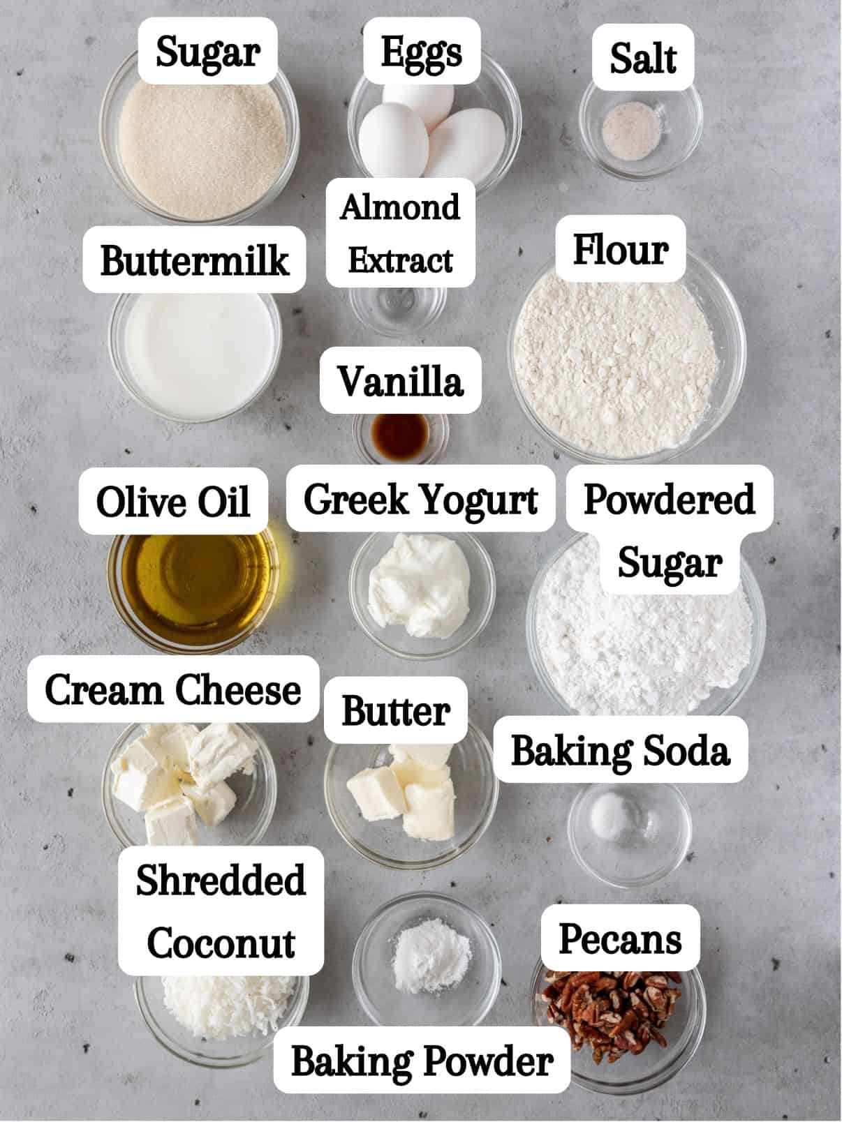 All of the ingredients laid out and labeled on a gray background.