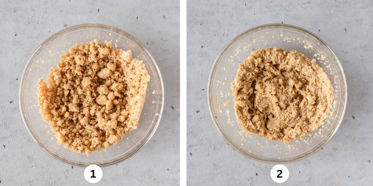 the butter and sugar combined in a glass bowl and the butter, sugar, and wet ingredients combined in a glass bowl on a grey background.