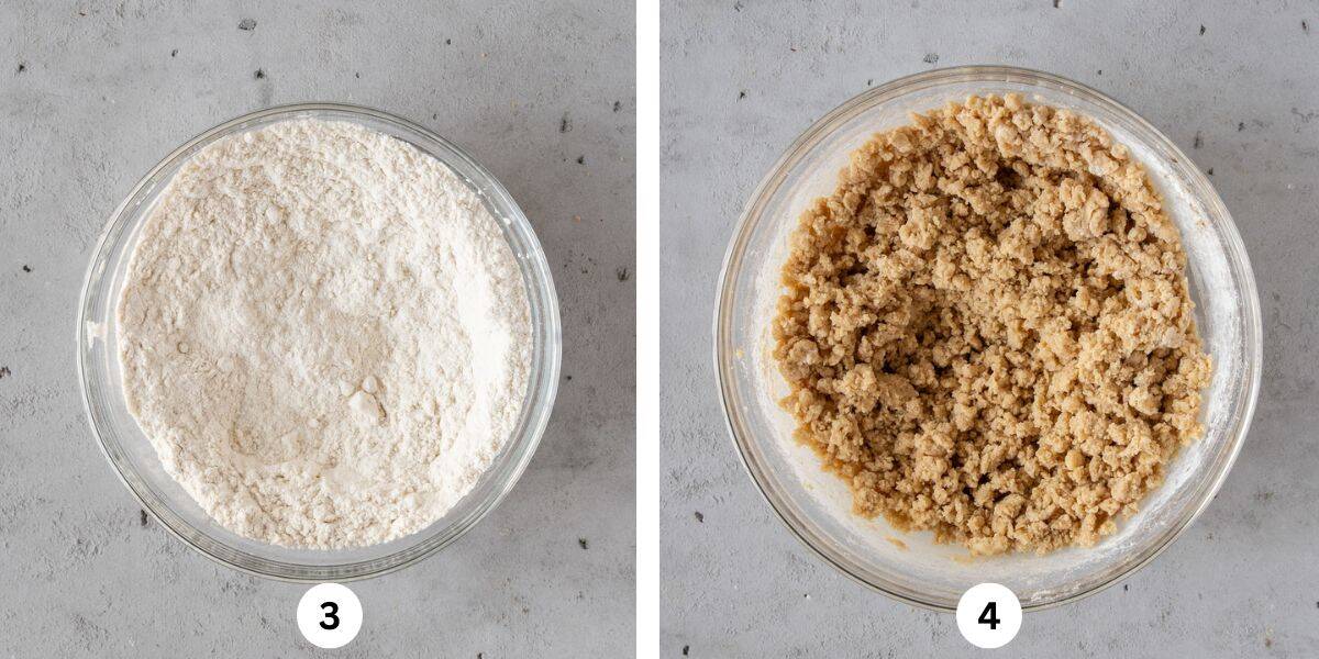 the dry ingredients combined in a glass bowl and the wet and dry ingredients combined in a glass bowl.