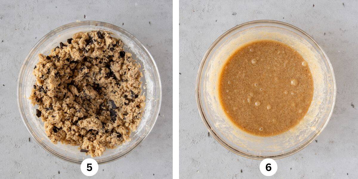 the completed cookie dough in a glass bowl and the brown sugar and butter combined in a glass bowl.
