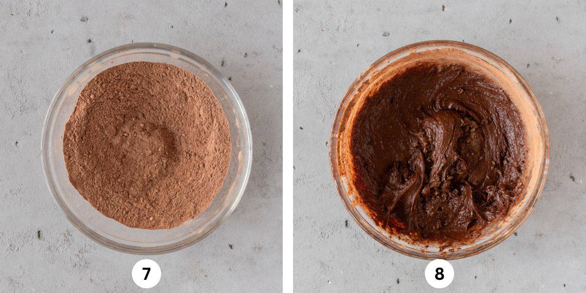 the dry ingredients combined in a glass bowl and the wet and dry ingredients combined in a glass bowl.
