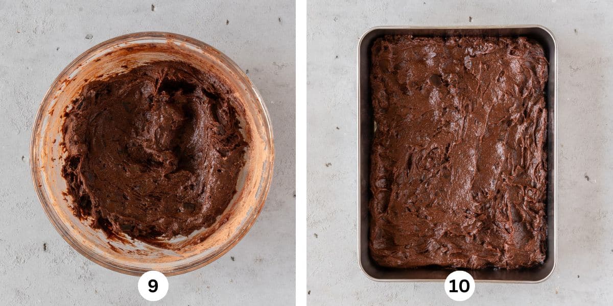 the completed brownie batter in a glass bowl and the brownie batter spread out in the prepared pan.