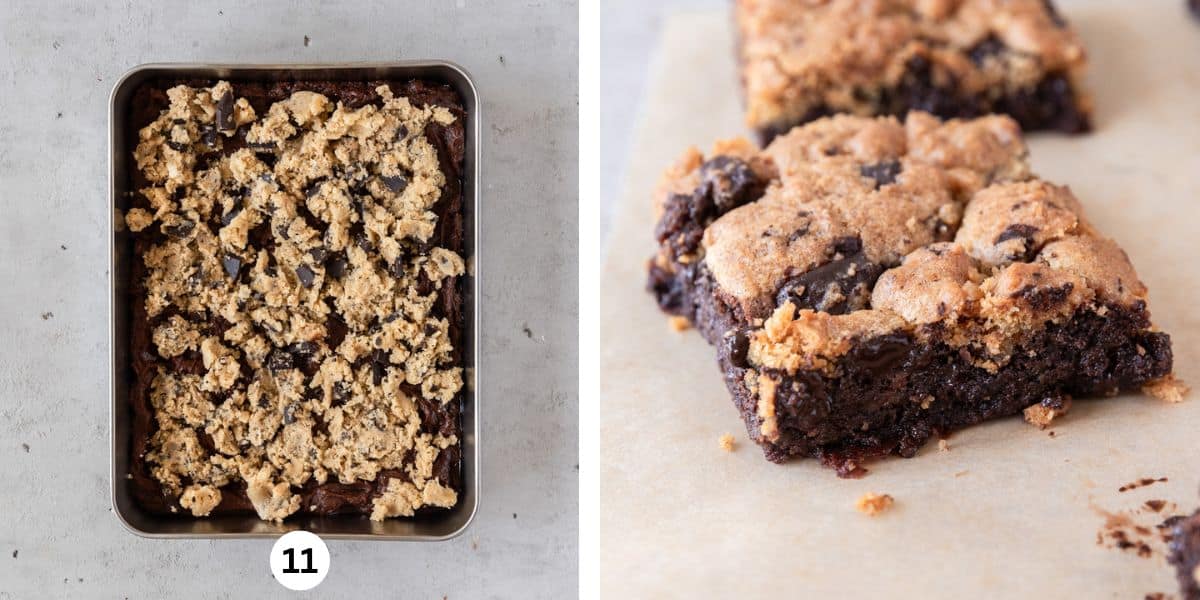 the cookie dough spread out over the brownie batter in the prepared pan and a baked brookie on a piece of parchment paper.