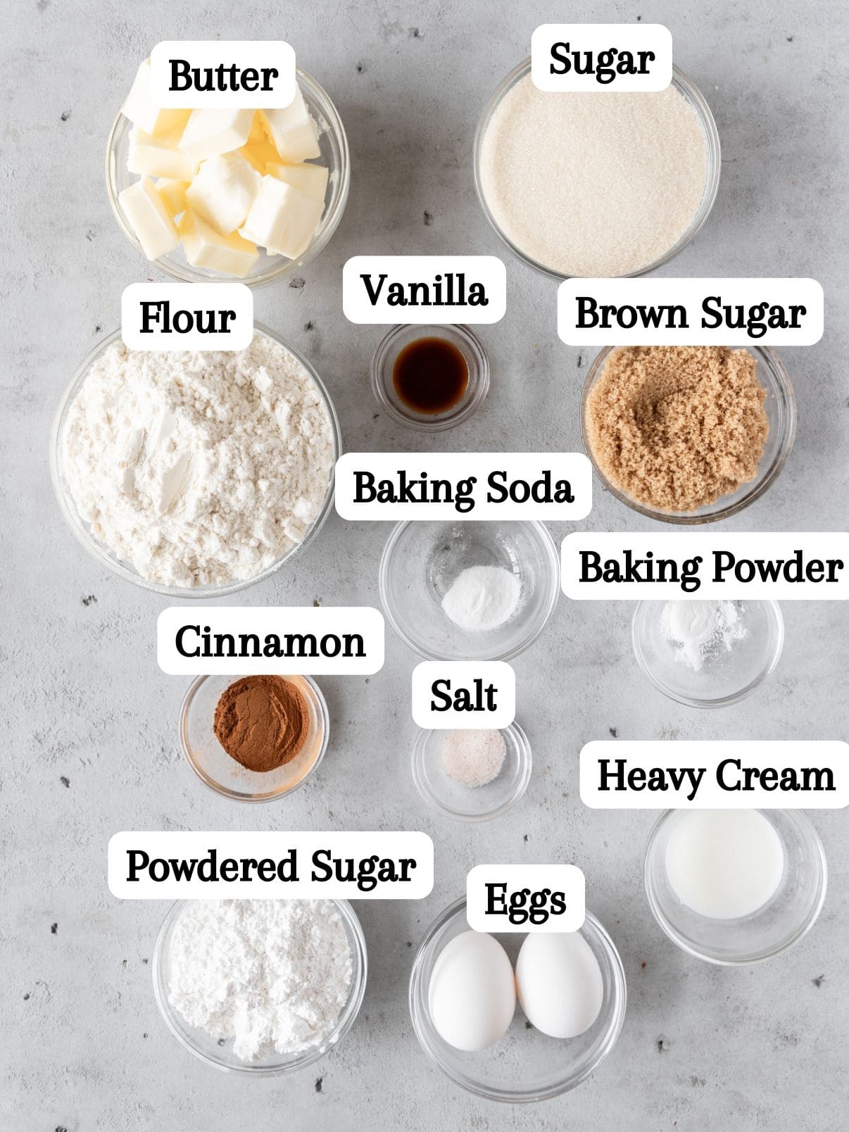 all of the ingredients laid out and labeled on a grey background.