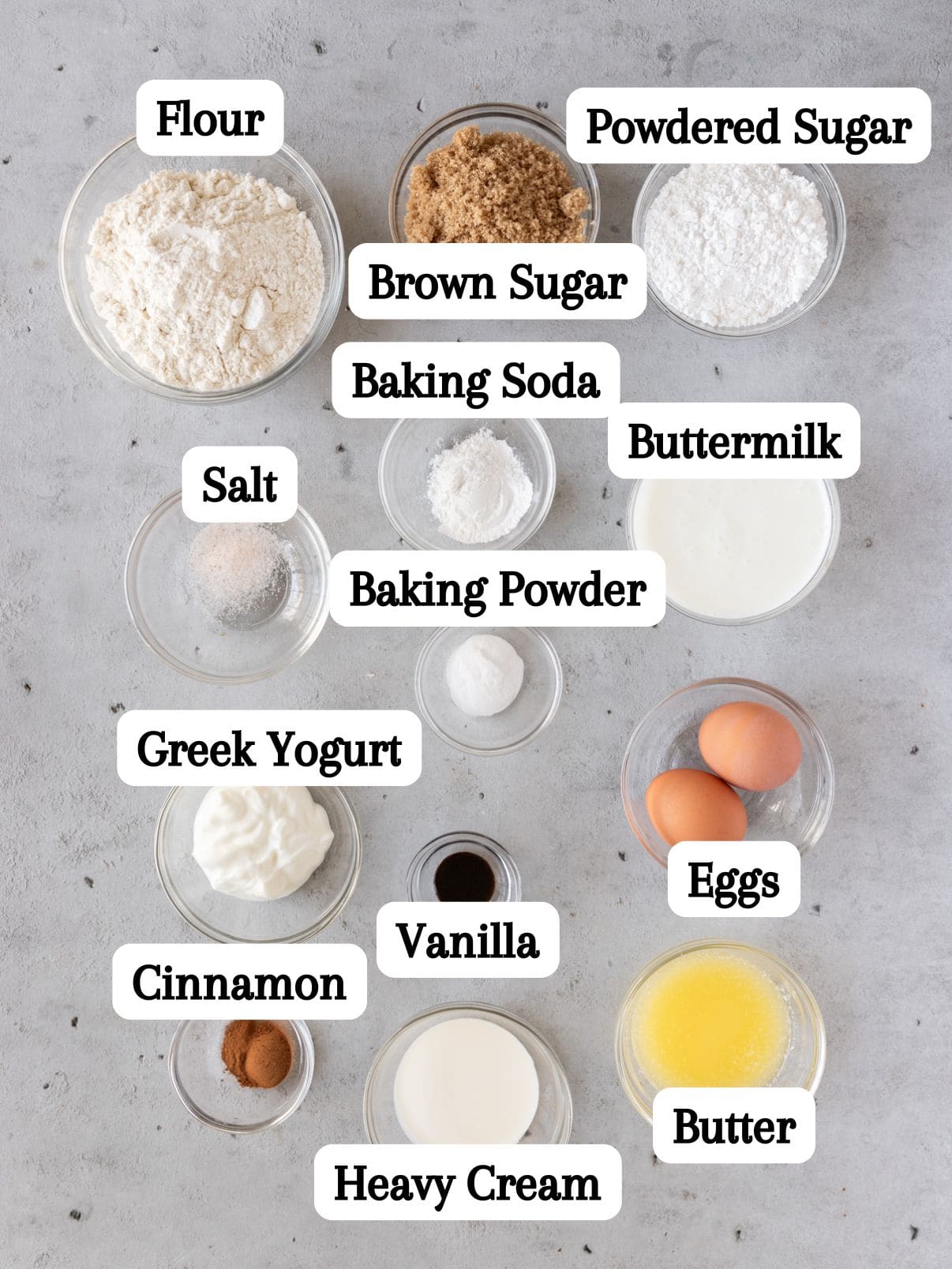 all of the ingredients laid out and labeled on a grey background.