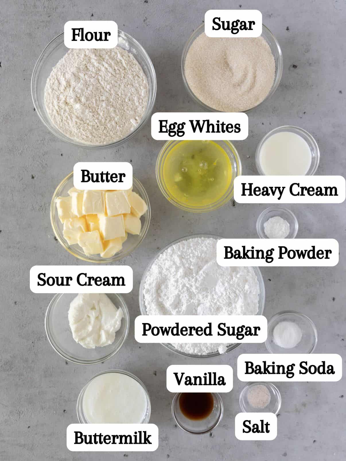 all of the ingredients laid out and labeled on a grey background.