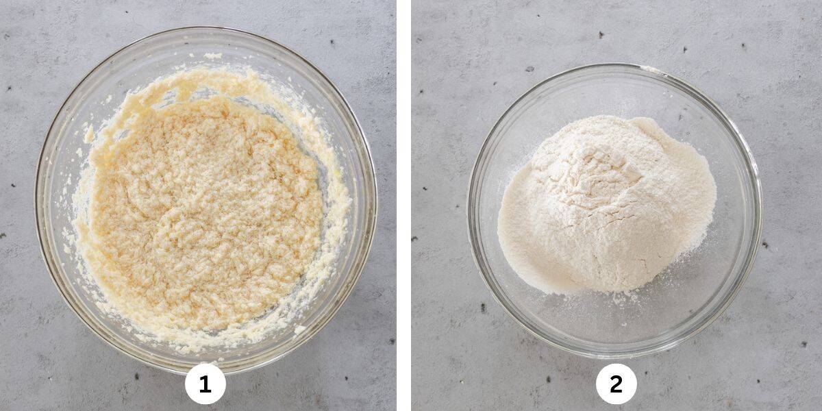 the wet ingredients and sugar combined and all of the dry ingredients combined in glass bowl on a grey background.