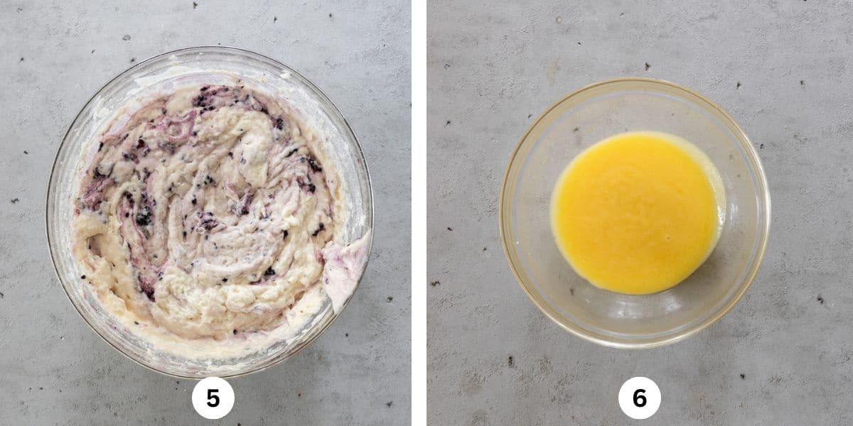 the completed lemon blackberry cake batter and the lemon curd in glass bowls on a grey background.