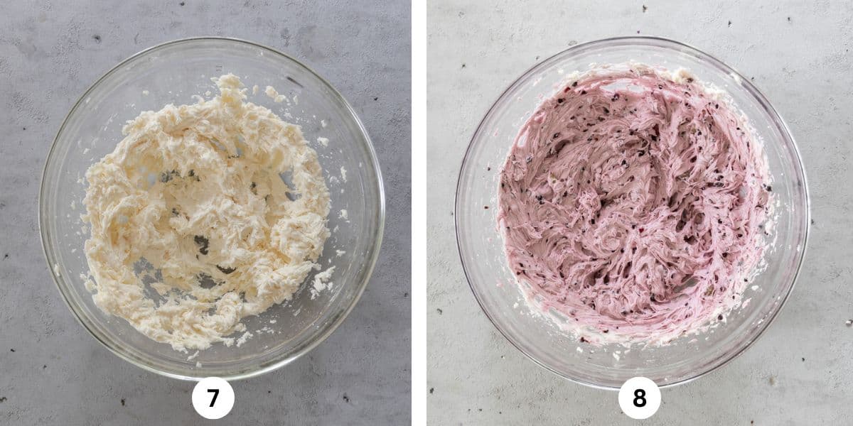 the buttercream in a glass bowl before adding the blackberries and the buttercream in a glass bowl after adding the blackberries.