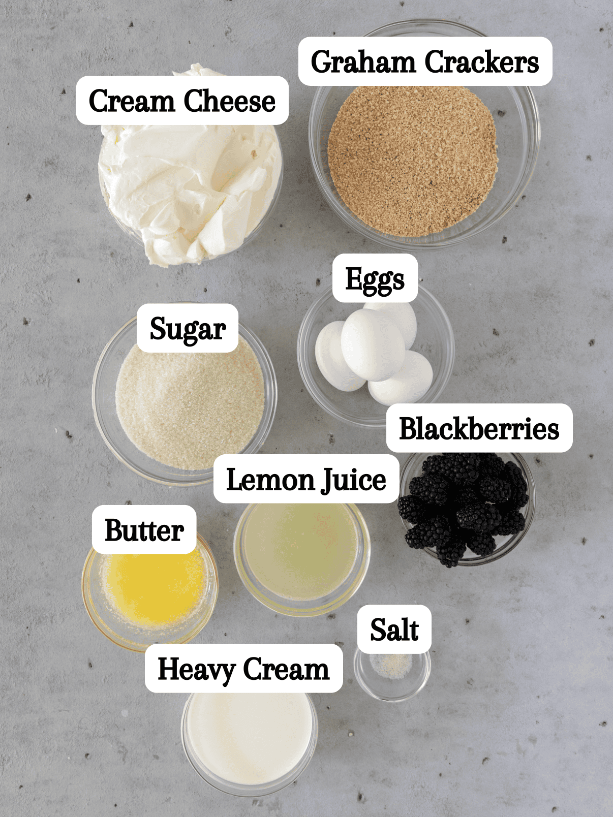 all of the ingredients laid out and labeled on a grey background.
