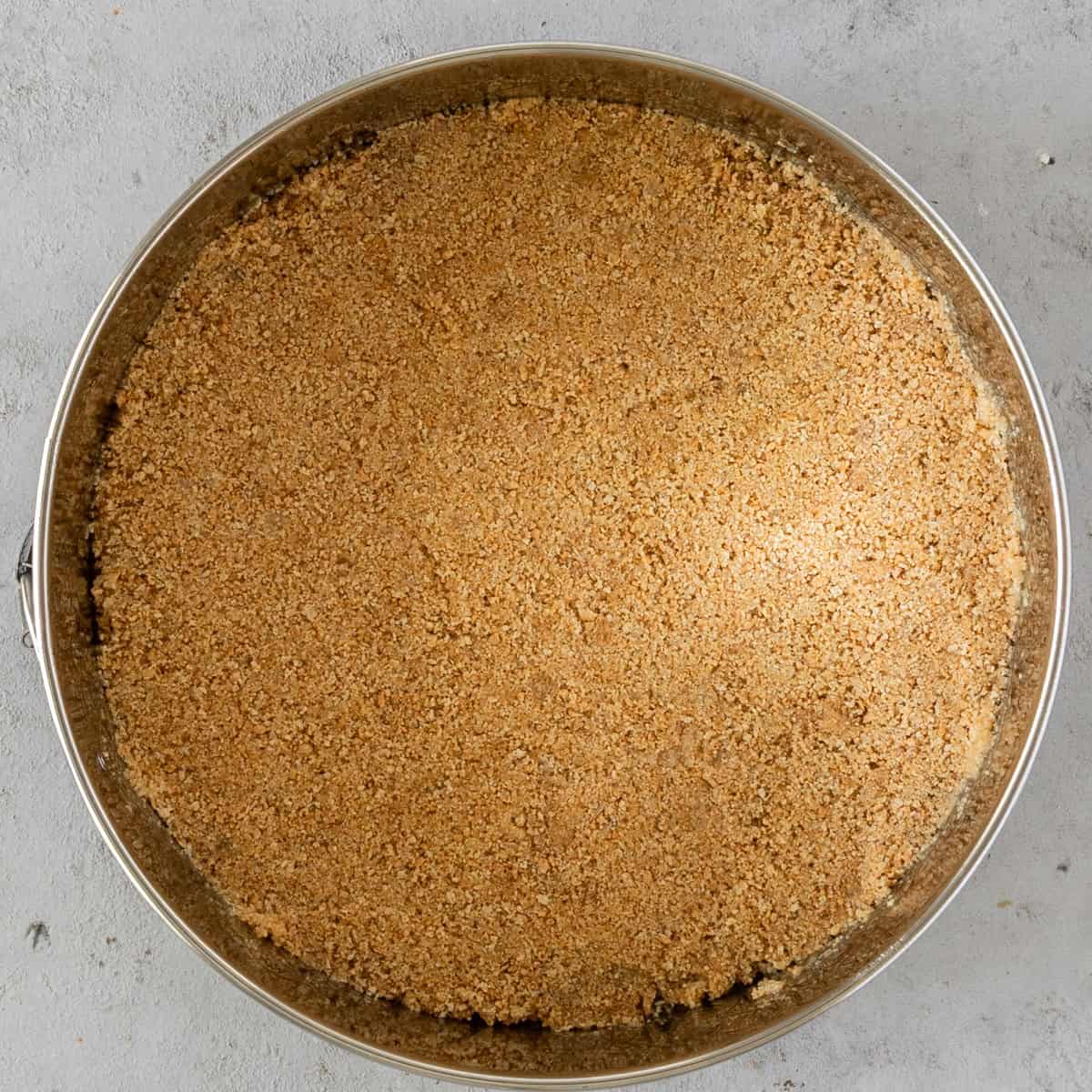 the graham cracker crust in a metal springform pan before being baked.