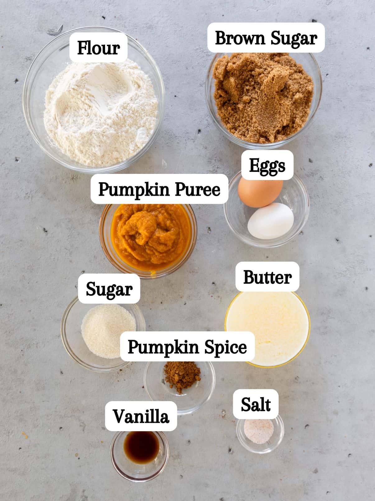 all of the ingredients laid out and labeled on a grey background.
