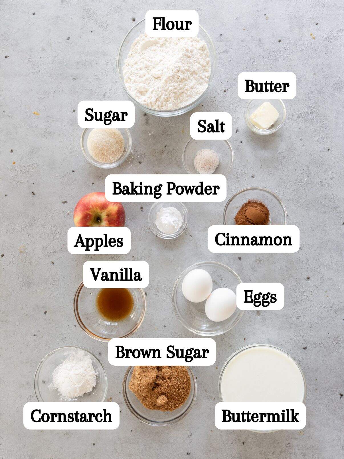 all of the ingredients laid out and labeled on a grey background.
