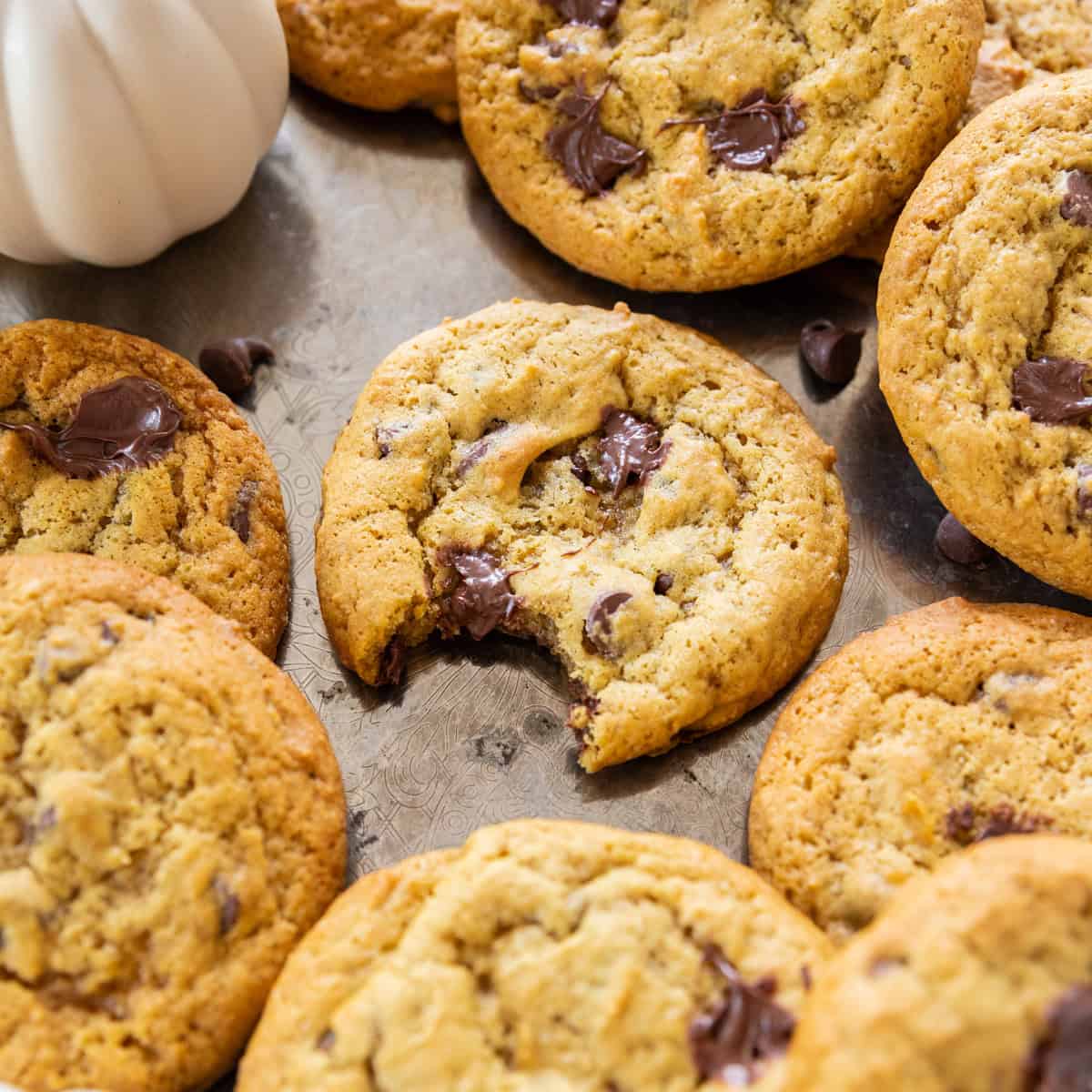 a tray of soft and chewy pumpkin chocolate chip cookies on a silver tray. One cookie has a bite out of it.