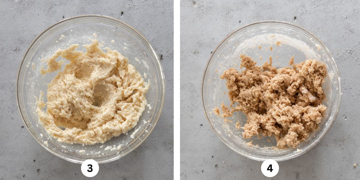 all of the wet ingredients and sugar combined in a glass bowl and the completed apple pie spice cookie dough in a glass bowl on a grey background.