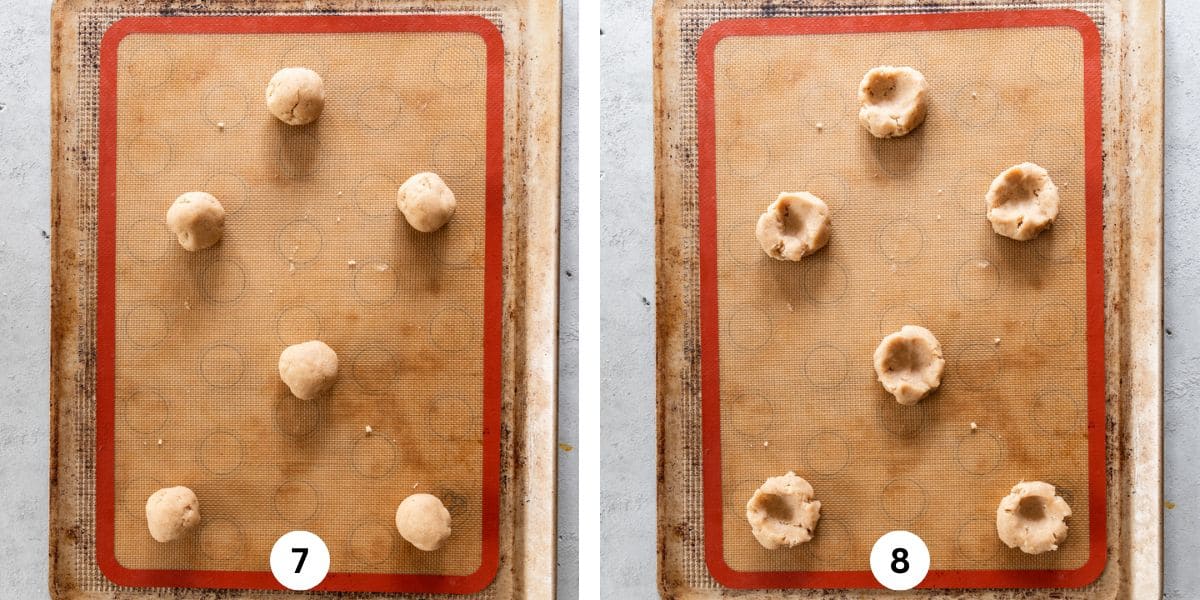 the apple pie spice cookies rolled into a ball before being baked and the dough ball with a hole pushed into them before being filled.