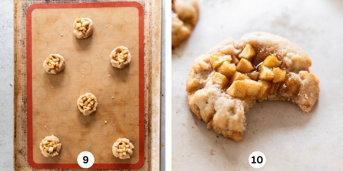 the apple pie cookies on a cookie sheet before being baked and a baked apple pie cookie with a bite out of it.