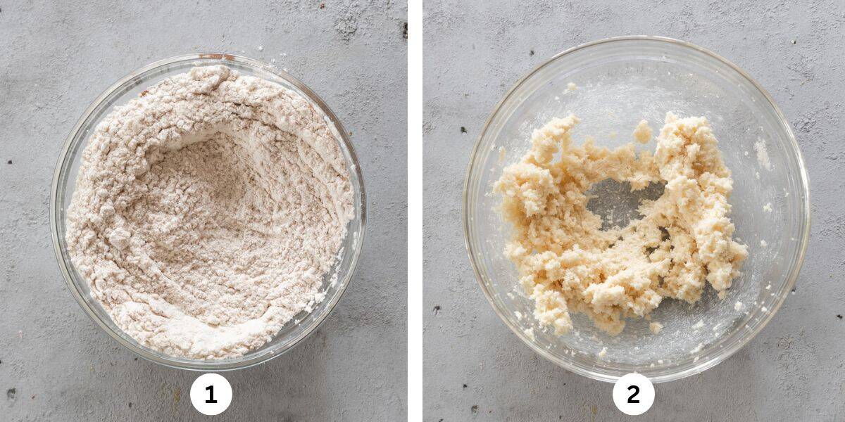 the dry ingredients combined in a glass bowl and the butter and sugar combined in a glass bowl on a grey background.