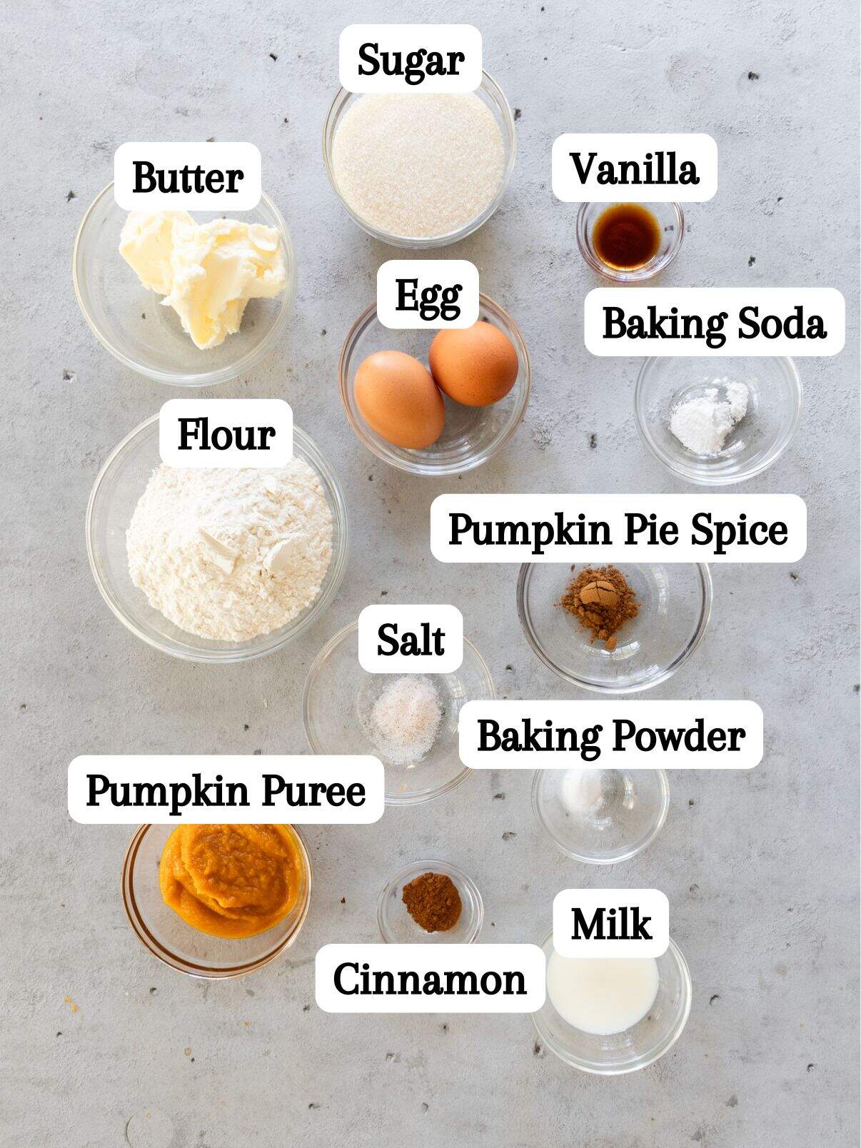 all of the ingredients laid out and labeled on a grey background.