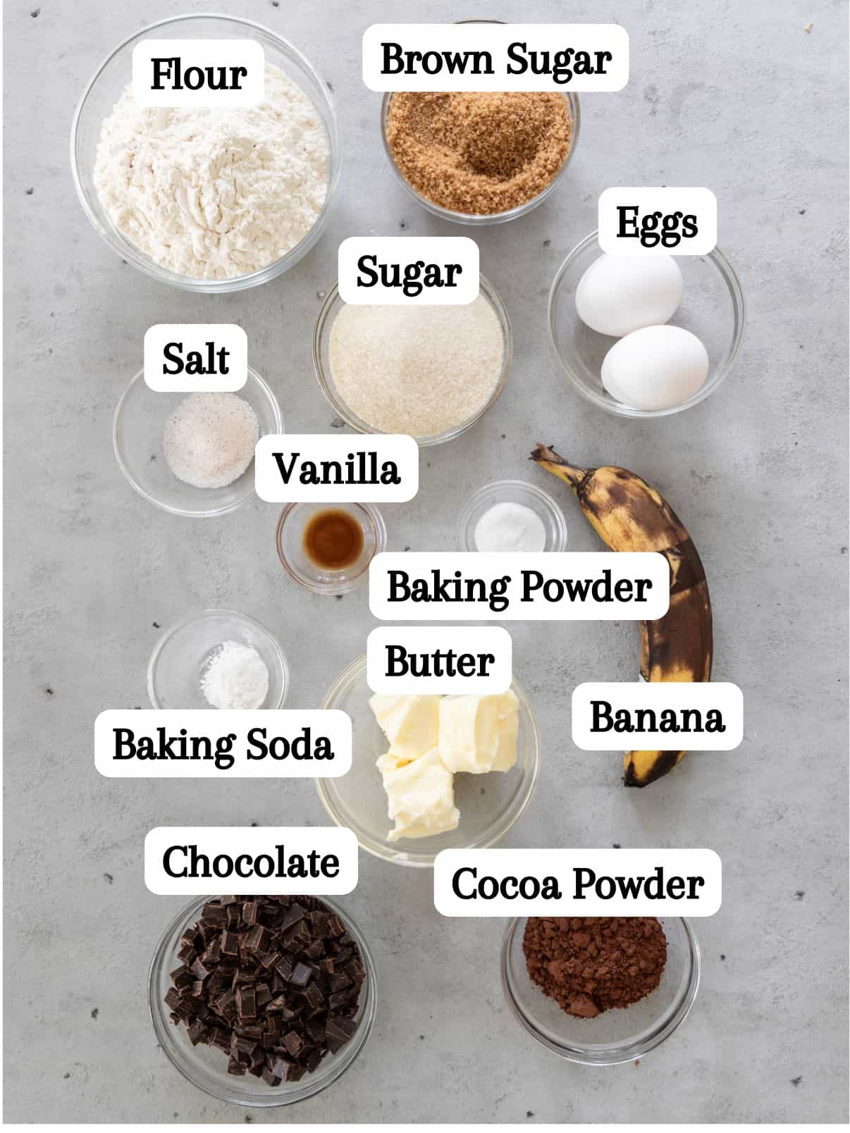 all of the ingredients laid out and labeled on a grey background.