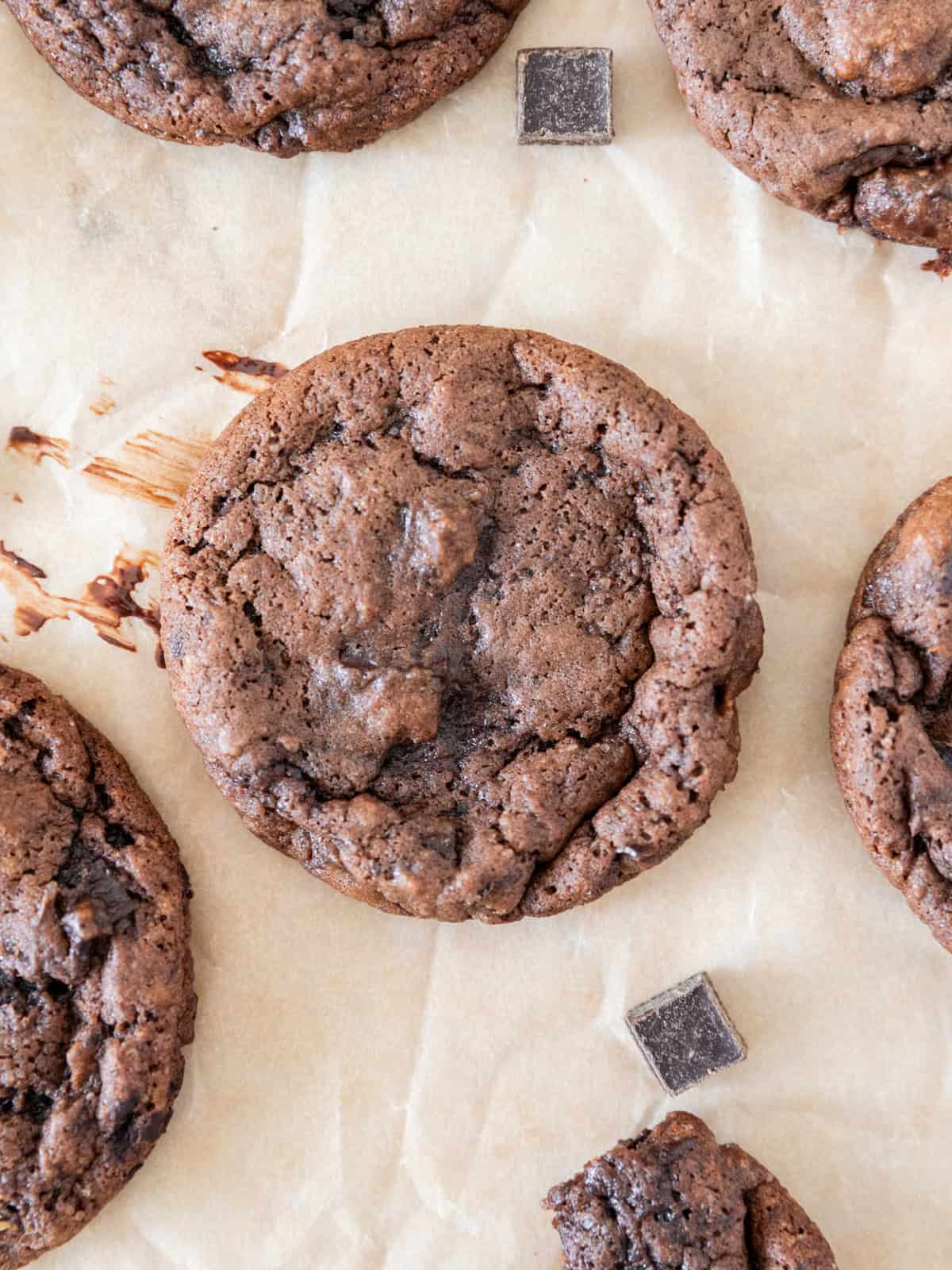 several banana cocoa cookies on a piece of parchment paper.